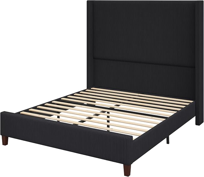 AMERLIFE Queen Size 62" Corduroy Upholstered Bed Frame, Luxurious Platform Bed with Extra Tall Wingback Headboard and Vertical Stripe, No Box Spring Needed/Solid Wood Slats & Legs/Black