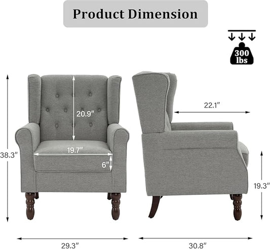 Wingback Accent Chairs Set of 2, High Back Arm Chair for Living Room, Button-Tufted Upholstered Fabric Armchair with Solid Wood Legs, Comfy Single Sofa Reading Chair for Bedroom, Light Gray