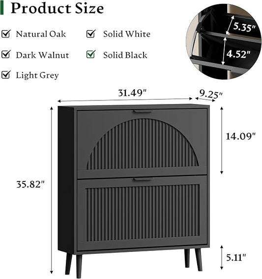 Xixini Shoe Storage Cabinet with 2 Flip Drawers, 36" Tall Narrow Wood Fluted Shoe Organizer for Entryway, Freestanding Wooden Hidden Slim Shoe Rack for Front Door Entrance, Hallway, Foyer, Solid Black