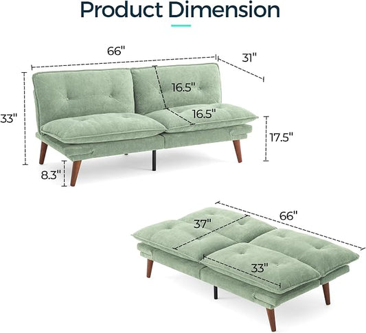 LINSY HOME Futon Sofa Bed, 70" Chenille Futon Couch with Adjustable Backrest Armrest, 3 in 1 Convertible Comfy Loveseat Sleeper Sofa Bed for Small Spaces Dorm Room Apartment Home Office, Light Green