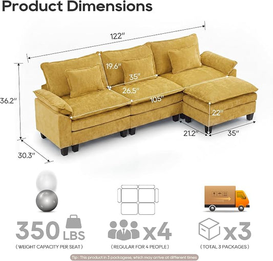 URRED Oversized Modular Sectional Sofa, 122" L Shaped Modern Comfy Cloud Couch with Movable Ottoman & Pillows, Deep Seat Couches for Living Room, Bedroom or Apartment (Chenille Yellow, 122" L Shaped)