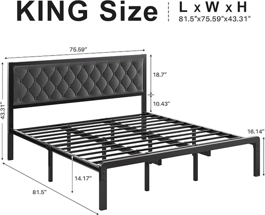 Fluest King Bed Frame with Headboard Linen Upholstered Bed Frame Platform,All Metal Slats Support Platform Bed Frame with Storage Space,Easy Assembly,Noise Free,No Box Spring Needed,Grey