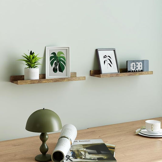 Floating Shelves for Wall Decor, Wall Mounted Wood Storage Shelf for Bedroom, Living Room, Bathroom, Kitchen, Nursery, Rustic Display Picture Ledge Shelf with Lip Set of 2-16 Inches, Brown