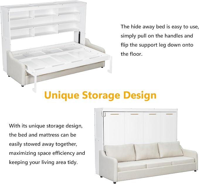 Queen Horizontal Murphy Bed with Sofa and Storage Shelves,LED Light,Solid Wood Space Saving Hideaway Murphy Wall Bed with Couch and Storage for Adults (Beige,Queen)
