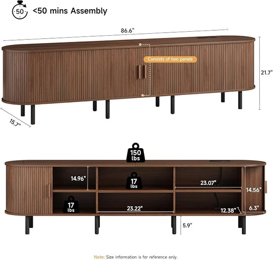 ONBRILL 86.6" TV Stand with Power Outlet for TVs up to 90 Inch, Entertainment Center with Storage and Adjustable Shelves, Modern Media Console with Sliding Doors for Living Room, Walnut