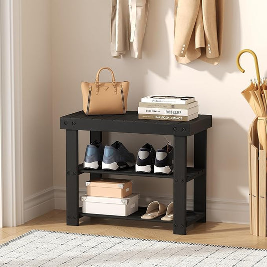 Sweetcrispy 3-Tier Shoe Rack Bench for Entryway, 19 Inches, Black | Bamboo Shoe Storage Bench, Shoes Rack for Entrance, Living Room, Balcony, 4 Pairs, 286lb Capacity