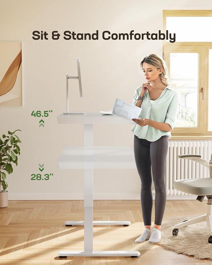 Marsail Glass Standing Desk with Drawer,55 x 28 inch Electric Standing Desk, Adjustable Height Desk with Storage & USB Charging Ports, One-Piece Standing Desk for Home & Office, White