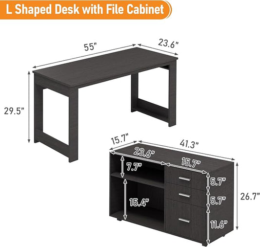 MU 55inch L Shaped Desk, Corner Computer Desk with 3 Drawers and 2 Shelves, Writing Office Table with Storage File Cabinet, Large Executive Desk with Wheels for Home Office, Bedroom (Grey)