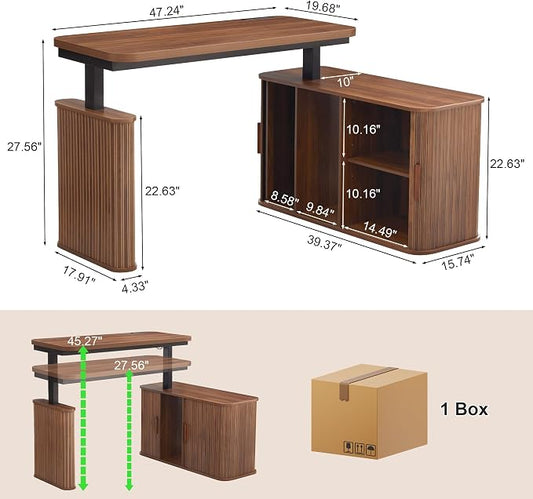L Shaped Standing Desk with Storage, 47" Electric Desk Height Adjustable Executive Desk with Drawers, Sliding Door Wood Desk Office Sit Stand up Desk for Work, Study, Writing, Walnut