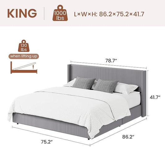 Garvee King Lift Up Storage Bed Frame, Corduroy Upholstered Platform Bed with Gas Lift, Padded Headboard, Wooden Slat Support, No Box Spring Needed, Easy Assembly, Taupe Grey