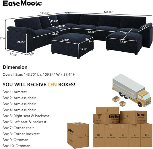 EASE MOOSE Modular Sofa,Comfortable Oversized U Shape Sectional Modular Sofa,Wide Deep seat Sectional Removable Washable Sofa,Blue