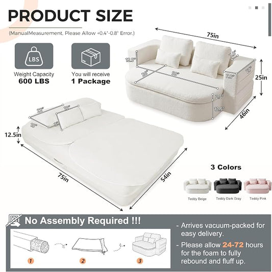 75" Boneless Couch Bed,Fold Up Sleeper Sofa for Adults, Memory Foam Floor Couch with 4 Pillows & Blanket, No Assembly Foldable Guest Bed for Apartment,Living Room