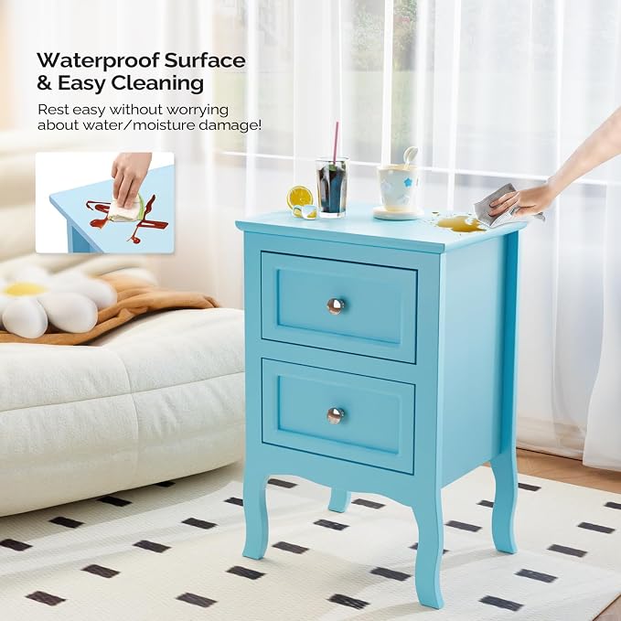 Bonnlo Nightstand Set of 2, Nightstands with 2 Drawers, Blue Nightstand, Bed Side Table/Night Stand, Small Nightstands for Bedroom, Small Spaces, College Dorm, Kids’ Room,Living Room, Wood,16W*12D*24H