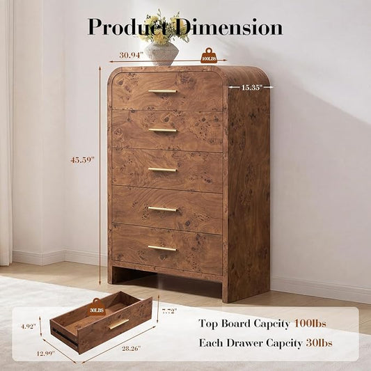 Curved 5 Drawer Dresser for Bedroom, 31'' Wide Chest of Drawers, Modern Storage Cabinet for Hallway & Living Room TV Stand, FSC Certified 1.18" Thick Board, 100 lbs Top Weight, Dark Burl