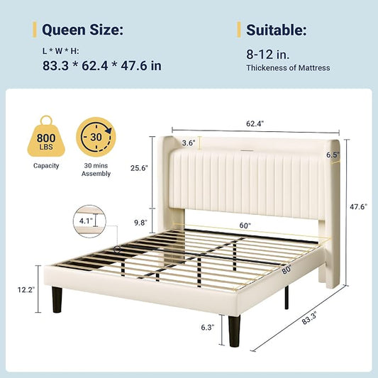 Allewie Queen Size Platform Bed Frame with USB Charging Station and Storage Shelf/Upholstered Velvet Wingback Headboard/Wooden Slats Support/No Box Spring Needed/Easy Assembly, Cream