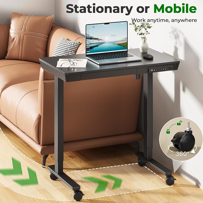 Electric Standing Desk with Drawer, 35" x 20" Whole Piece Tabletop Small Sit Stand Table, Height Adjustable Desk with Storage & USB Ports, Quick Install Home Office Computer Desk, Black