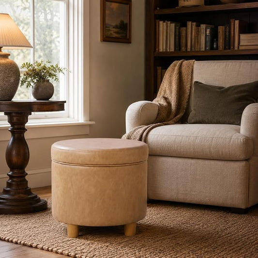 HomePop 19" Round Storage Ottoman - Sand Faux Leather