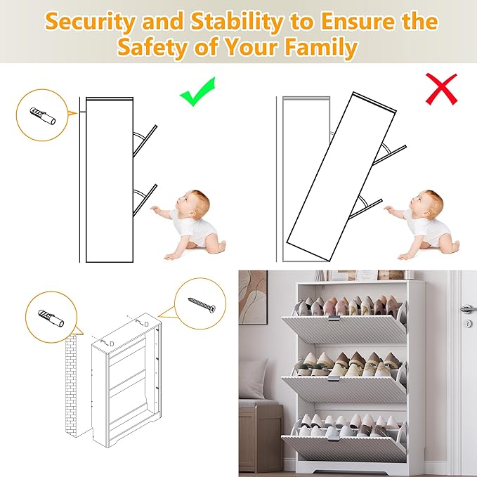 BORNOON Entryway Shoe Cabinet with 3 Flip Drawers, Narrow Shoe Organizer Cabinet with Fluted Panel and Adjustable Shelves for Foyer, Hallway