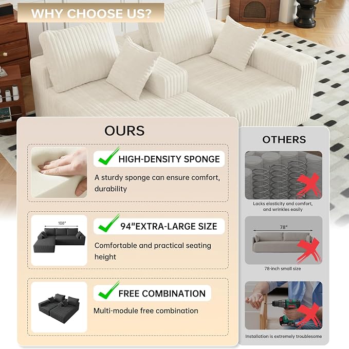 Cloud Boneless Sectional Cream Couches with Oversized Chaise for Living Room, Modular L Shaped Couch with Deep Seat, Memory Foam Compressed 3 Seater Sofa for Apartment