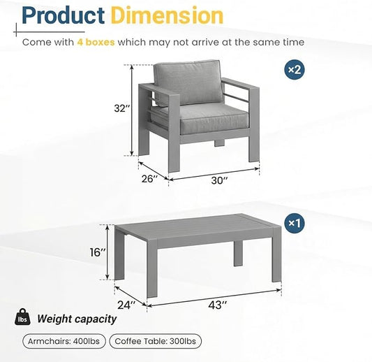 Solaste Aluminum Patio Furniture Set for All Weather, Oversized Metal Outdoor Furniture Set with 27.5" Deep Seating and 3.2" Wide Armrest, Outdoor Patio Sofa with 10" Back Suport Cushion