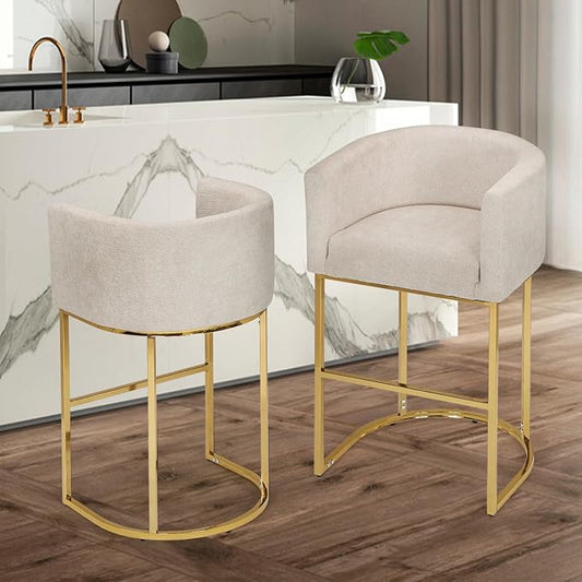 Athena Collection Counter Height Bar Stools Set of 2, 24 Inches Upholstered Barstool Set of 2 with Back and Metal Base, Modern Bar Stool Chairs for Kitchen Island, Dining Room, White