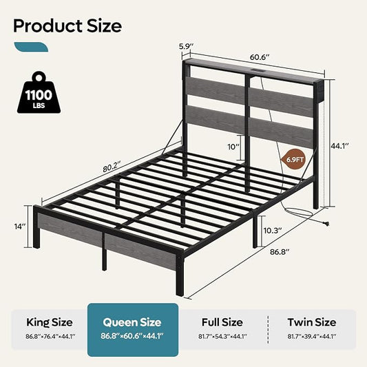 Bestier Queen Bed Frame with Headboard and Charging Station,Platform Bed Frame with LED Light, Non-Slip Metal Bed Frame, Noise-Free, Easy Assembly, Grey