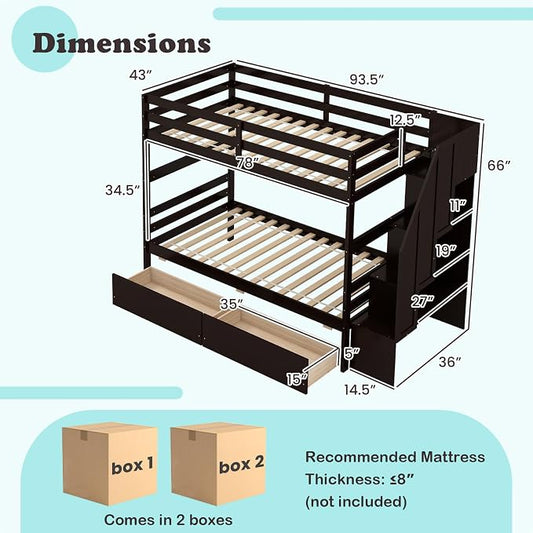 Giantex Bunk Bed Twin Over Twin with Storage Stairs & Drawers, Solid Wood Bunk Bed with Full-Length Guardrails, Convertible to 2 Beds, Versatile Bunk Beds for Kids Teens Adults, Espresso