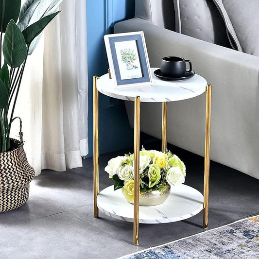 Round End Table with Faux Marble Top, 2-Tier Gold Side Table | Modern Accent Table with Gold Metal Frame for Living Room, Bedroom & Small Spaces