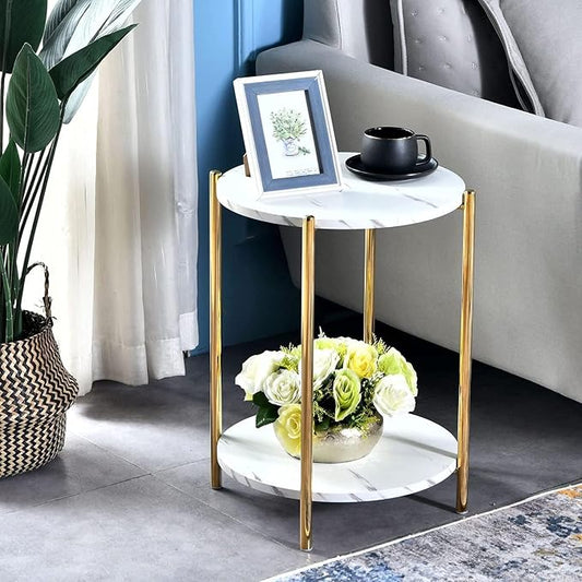 Set of 2 Small Round Side Tables, 2-Tier Faux Marble Gold End Tables | Modern Accent Furniture for Couch, Living Room or Bedroom, Space-Saving Nightstand Design