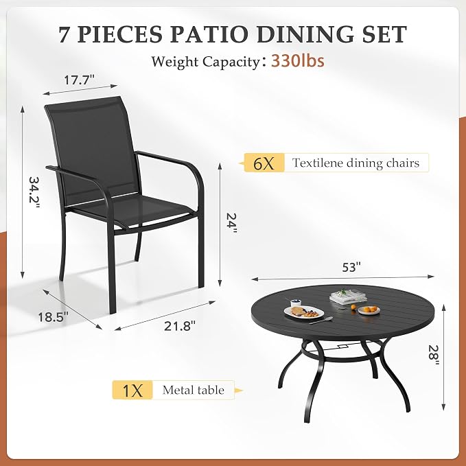 SUNCROWN 7 - Piece Outdoor Dining Set, Patio Furniture Set with 6 x Textilene Dinning Chairs and 53" Metal Round Table with Umbrella Hole for Lawn Garden Backyard Deck, Black