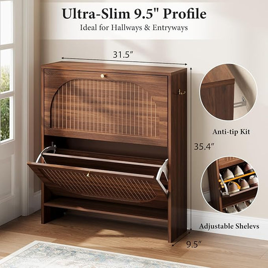 Nicetree Arch-Chic Shoe Cabinet for Entryway, Modern Mid-Century Shoe Storage Cabinet with Fluted, Narrow Shoe Rack with Adjustable Shelves & Tipping Protection, Fits Size 12 Shoes,Luminous Walnut