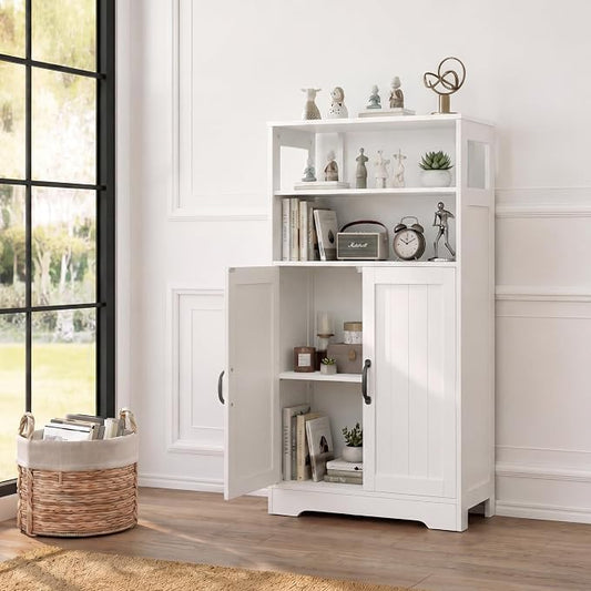 GRUSIGN 43.3" H Bathroom Storage Cabinet with Doors, Freestanding Small Bathroom Cabinet Organizer, Farmhouse Cupboard, Adjustable Shelves, for Laundry Room, Kitchen, Living Room, White