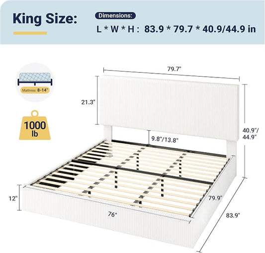 Allewie King Bed Frame, Upholstered Platform Bed, Adjustable Vertical Channel Tufted Headboard, Corduroy Fabric, Modern Low Profile, Wooden Slats, No Box Spring Needed, Easy Assembly, White