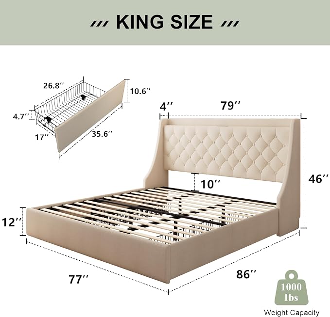 Feonase King Size Bed Frame with 4 Storage Drawers, Upholstered Storage Bed with Charging Station, Tufted Wingback Headboard, No Box Spring Needed, Beige