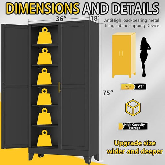 PAOFIN Metal Tall Storage Cabinet with 2 Doors and 5 Adjustable Shelves, 75" Metal Garage Storage Cabinets, File Cabinet,Steel Tool Cabinets for Home,Office,Garage,School,Warehouse (Black)