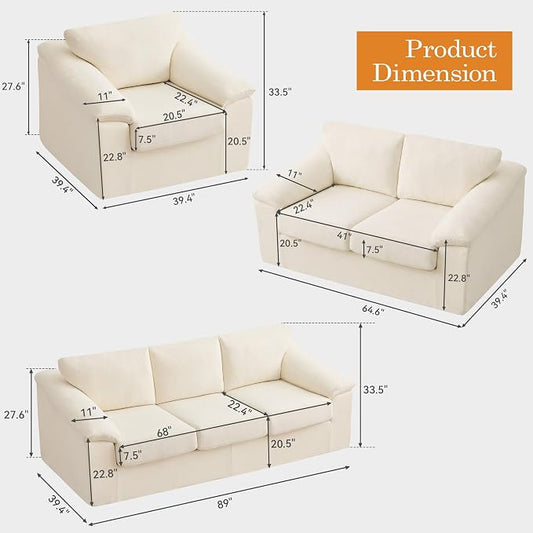 Oversized Boneless Couch Sets, Modern 3 Seater Sofa, Loveseat Sofa with Accent Sofa Chair, Floor Cloud Couch Sets with Extra Comfy Soft Deep Seats for Living Room, No Assemby, Set of 3, Beige