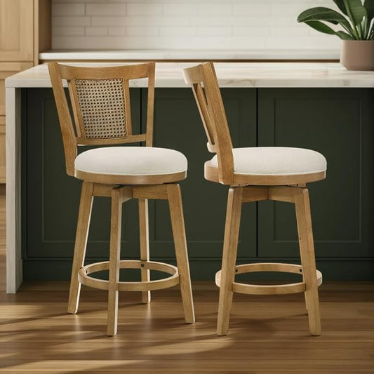 Armen Living Isla 26 in. Amber Glow Counter Height Rubberwood Swivel Barstool with Ivory Fabric Seat - Set of 2