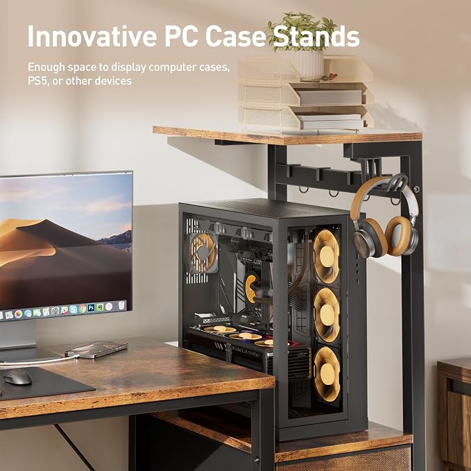 HLDIRECT 60 inch Gaming Desk with 3 Fabric Drawers & Side Hooks-Reversible Home Office Computer Desk with Power Outlets & Led Lights, Gamer Desk Table with Monitor Stand, Rustic Brown