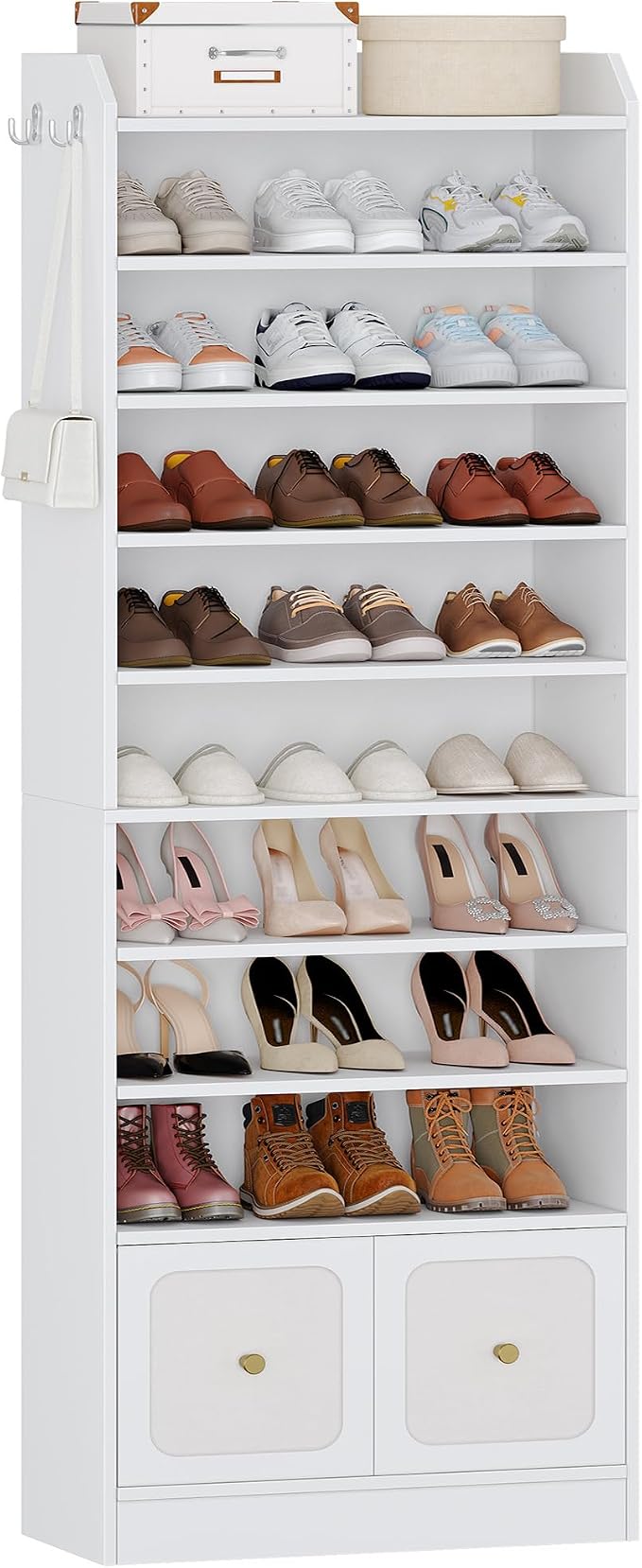 Hzuaneri Shoe Storage Cabinet, 10 Tiers Shoe Cabinet with 2 Cloth Drawers, Wooden Freestanding Shoes Organizer with 2 Hooks, 30-35 Pairs, Shoes Cubby Organizer for Entryway, White SR56303MI