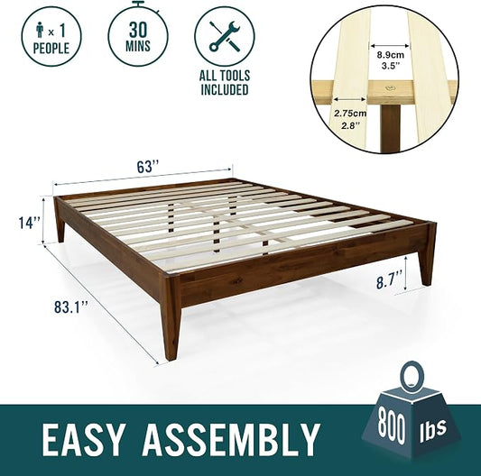 Acacia Mervyn Queen Bed Frame Solid Wood Platform Bed, 800 lbs Capacity Signature Mid Century Wood Bed Compatible with All Mattress Types, 30 Mins Assembly, Bed Frame Queen Size, Chocolate