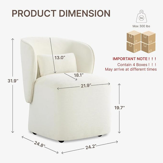 KISLOT Upholstered Dining Chairs with Wheels, Easy Assembly Stain Resistant Fabric Modern Barrel Armchair with Lumbar Cushion, Dining Room Chairs for Kitchen Living Room Bedroom, Beige, Set of 4