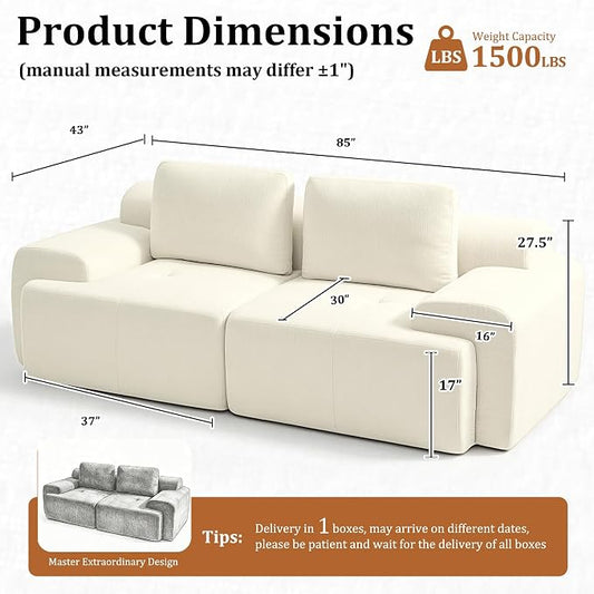 85" Oversized Boneless Couch, Comfort Cloud Sectional Couches for Living Room, Modular Sofa High Back & Extra Deep Seat, No Assembly, Soft Chenille Fabric (Warm White, 85 inch- Shaped(2+0))