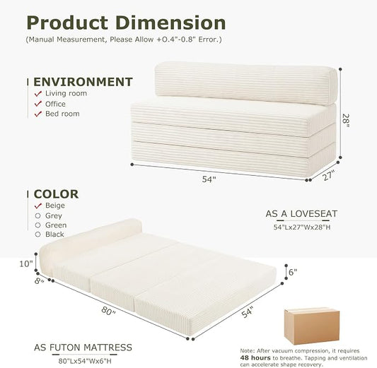 Convertible Sofa Bed, Boneless Couch Loveseat with Removable Cushions & Washable Cover, Futon Sofa Bed with Handle, Pull Out Couch for Small Spaces, Full Size, Beige