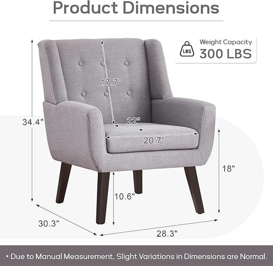 HUIMO Accent Chair Living Room Chair, Upholstered Button Tufted Armchair, Linen Fabric Sofa Chairs for Bedroom, Living Room, Mid Century Modern Comfy Reading Chair (Light Grey)