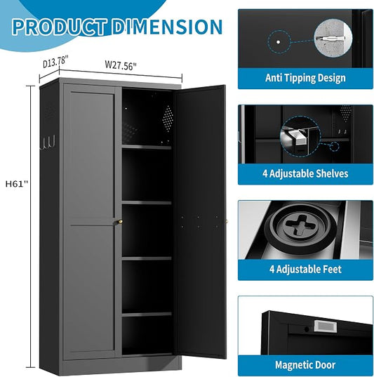 61" H Black Metal Kicthen Pantry Storage Cabinet 5-Tier Cupboard | Tall Metal Cabinets for Kitchen, Living Room, Garage, Heavy Duty Freestanding Utility Cabinet, Assembly Require