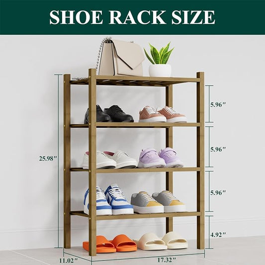Smiry Small Bamboo Shoe Rack, 4 Tier Free Standing Wooden Shoe Organizer, Stackable Wood Shoe Storage Shelf for Closet, Entryway, 14 Vertical Slats, 2+2 Stack Heavy-Duty Legs, 17.3"x11"x26", Walnut