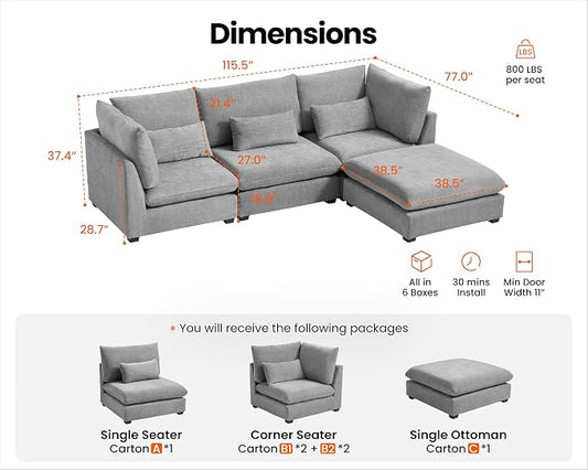 115" Oversized Chenille Couch Modular Sectional Sofa, Washable Cloud Couch Sectional with Ottoman, 4 Seater Sectional Couches for Living Room, Fully Cover Removable, L Shaped, Chenille, Grey