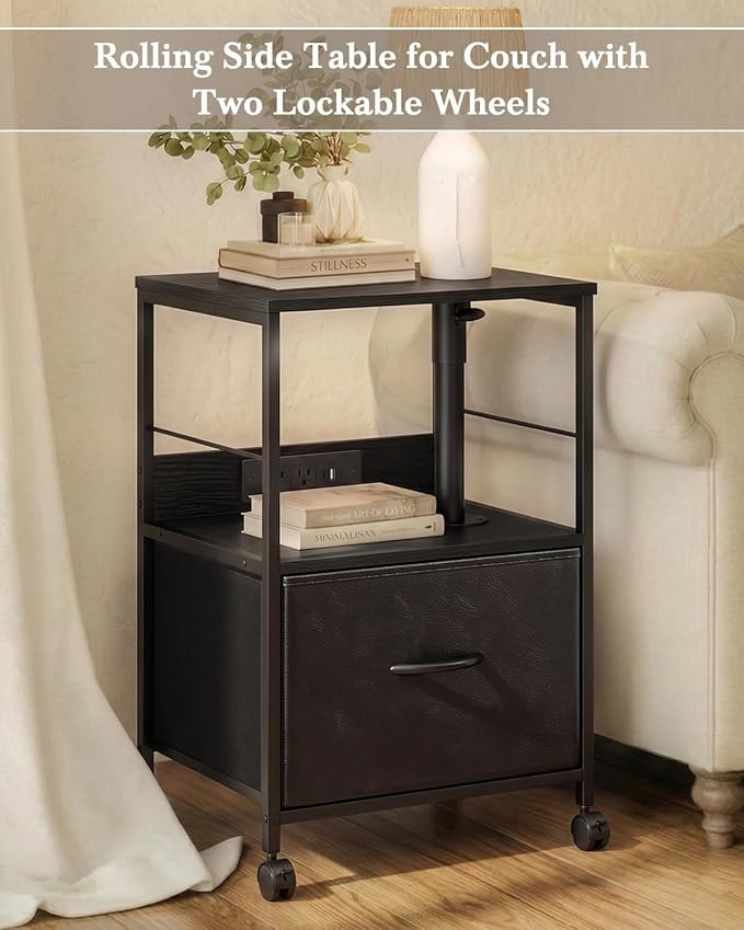 Faesun Swivel Lift Top Nightstand with Charging Station, Rolling Side Table for Recliner, Bedside Table with Wheels & a Fabric Drawer, for Small Spaces, for Bedroom, Living Room, Black