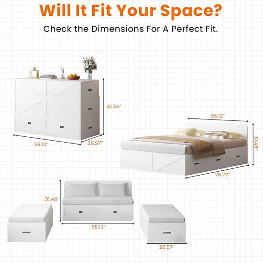 CECER 3-in-1 Full Murphy Bed with Mattress for Small Space -White | Multi-Functional Desgin that Converts to Sofa Set,Bed and Cabinet,Easy Assemble & Conversion