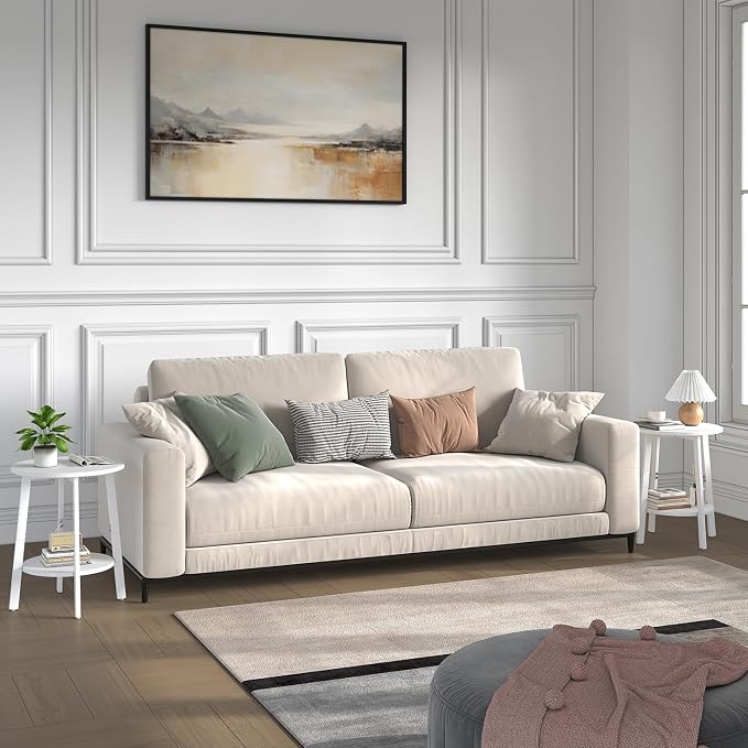 sthmec Side Table, Small Round End Table with Storage Shelf for Small Space, 2-Tier Bedside Table Sofa Couch Table, Round Accent Table Nighstands for Living Room, Bedroom,White